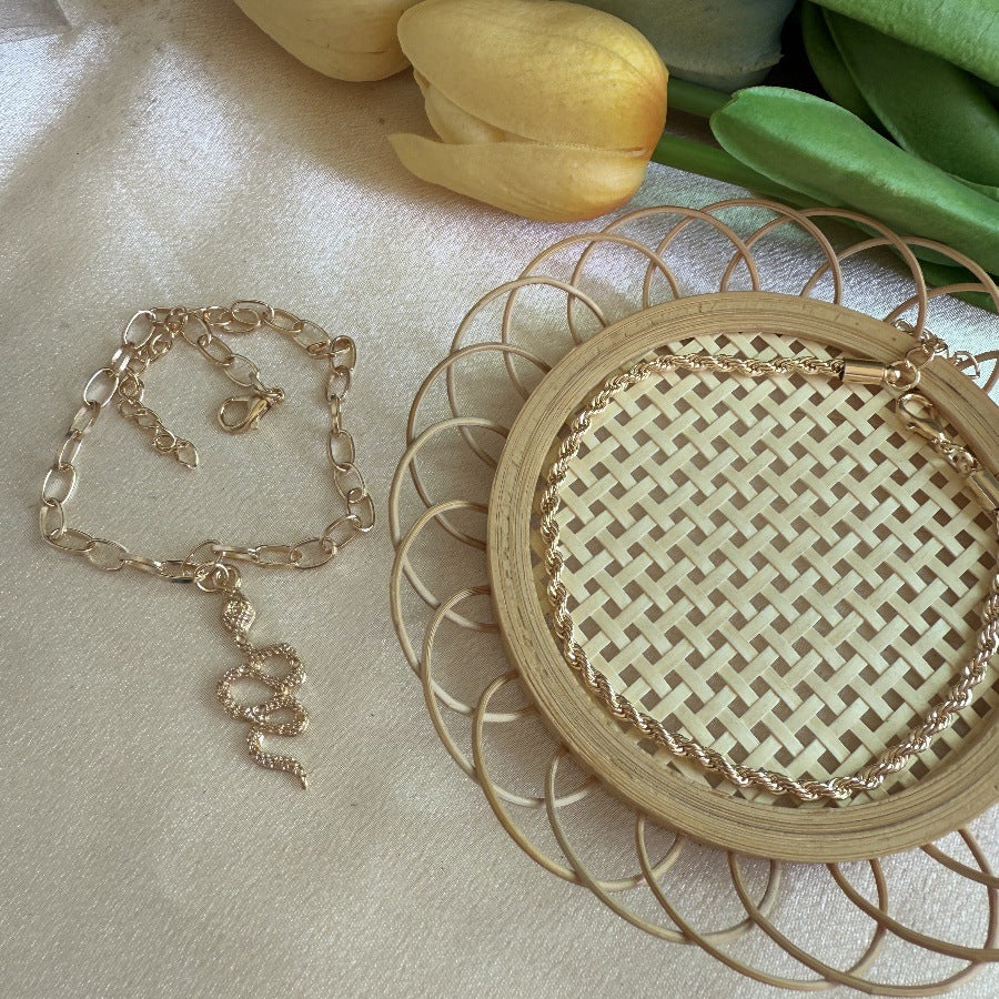 Wholesale Anklet Gold Twisted Snake Cross Chain Double Layer Anklet