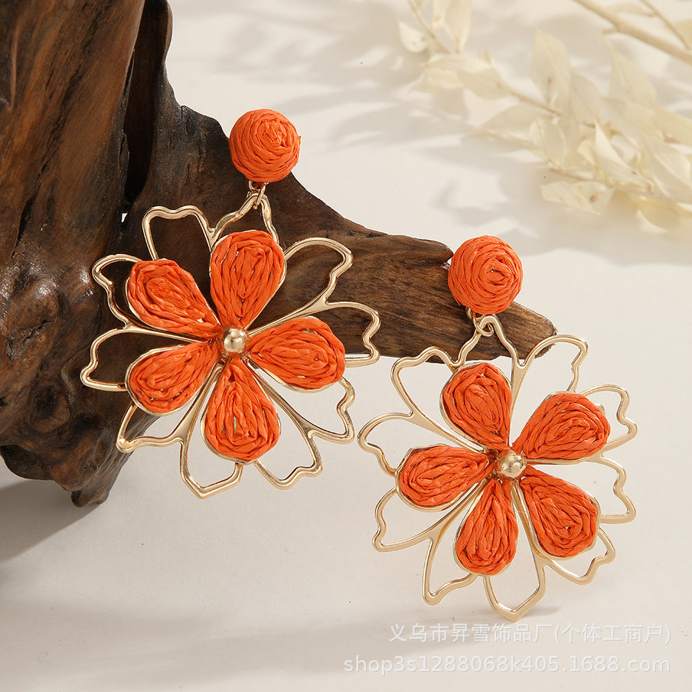 Wholesale Raffia woven summer flower earrings