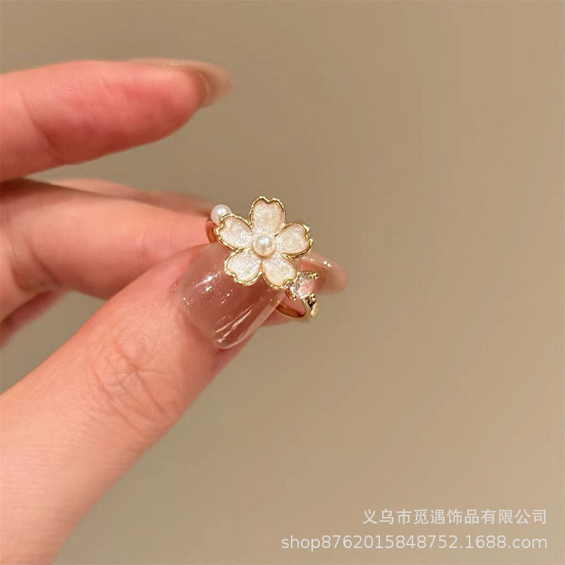 Wholesale Fashion Pearl Flower Rhinestone Ring for Women,  Adjustable Sparkle Jewelry Accessory for Everyday Wear
