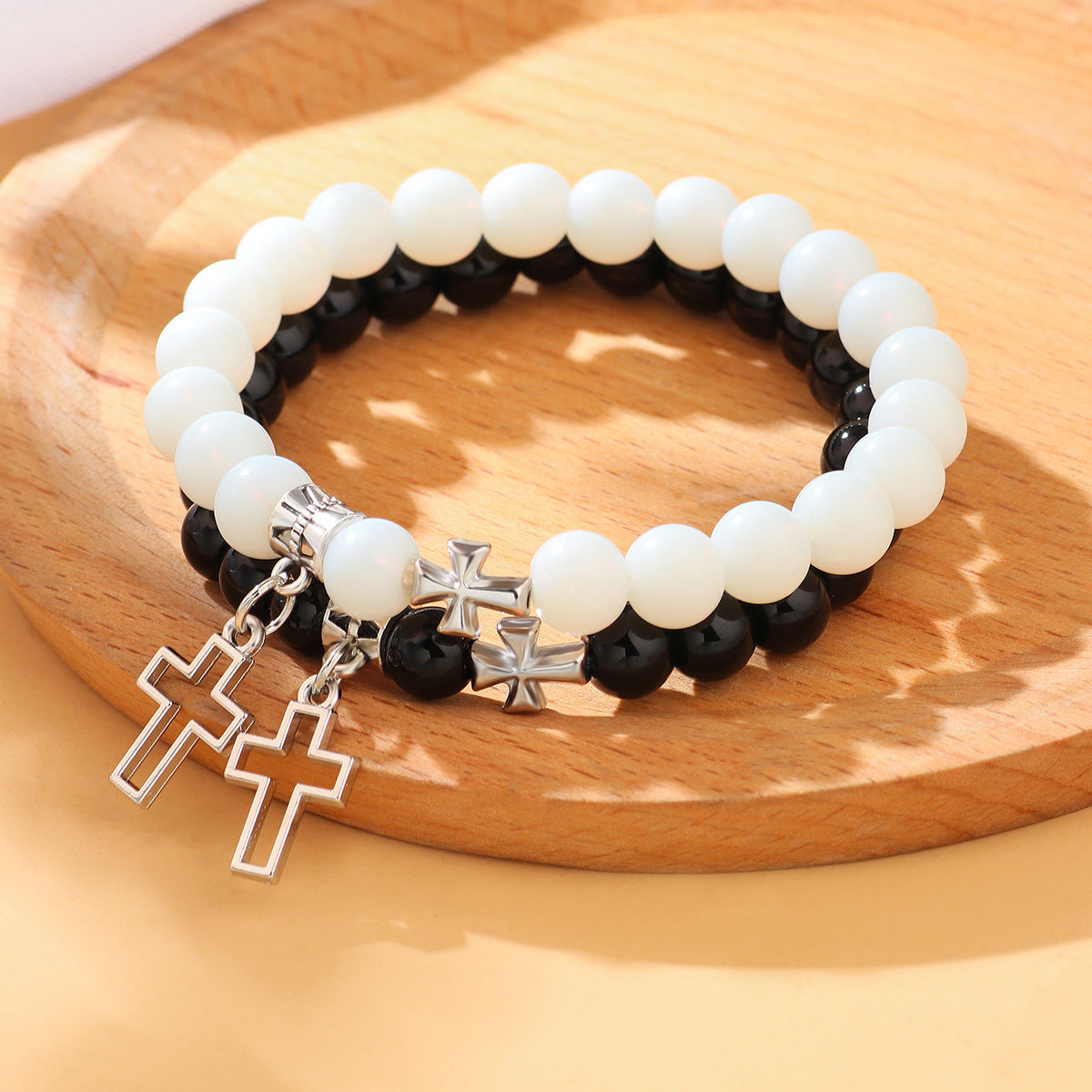 Wholesale Stainless Steel Hollow Cross Handmade Glass Beaded Bracelet