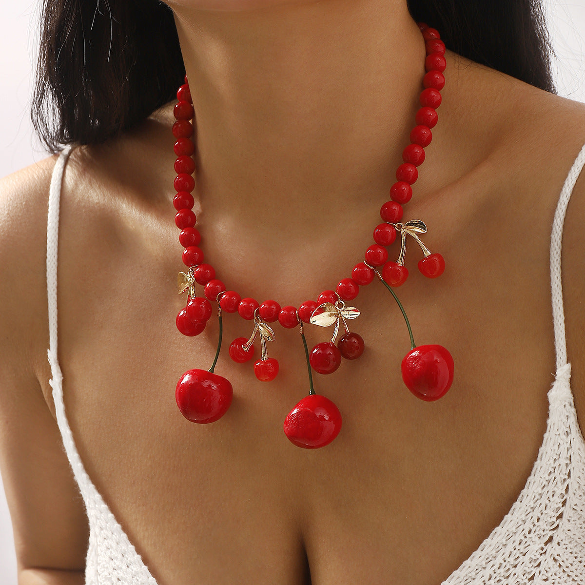 Wholesale  Summer  Fruit Cherry Pendant Beaded Necklace