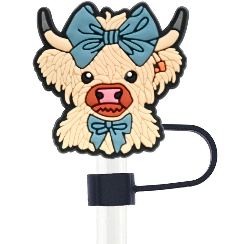 Wholesale Random 100pcs Cartoon Highland Cow  10mm PVC Soft Straw Tube Cap