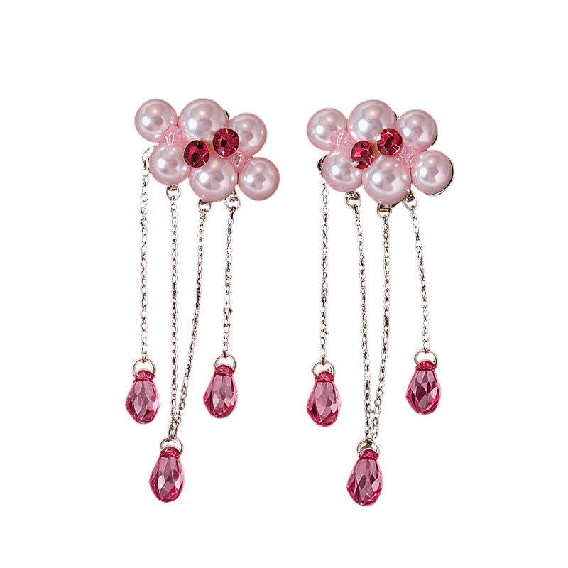Wholesale Chic Round Geometric Pearl Tassel Earrings For Women Pink Alloy Rhinestone Stud Earrings Fashion Jewelry Accessory
