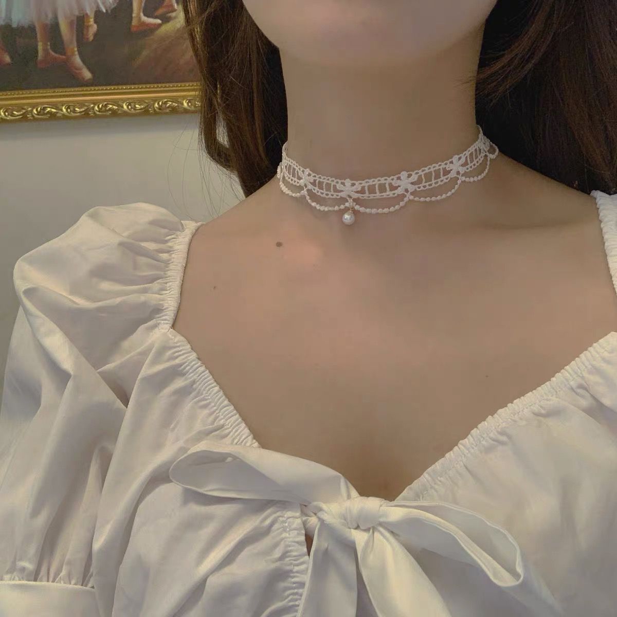 Wholesale  White Lace Pearl Neck Chain  Necklace