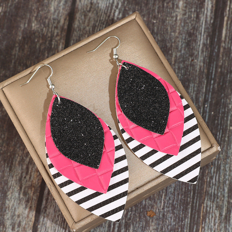 Wholesale Retro Leaf-Shaped Leather Earrings with Glitter and Stripes,  Everyday Wear Fashion Accessory
