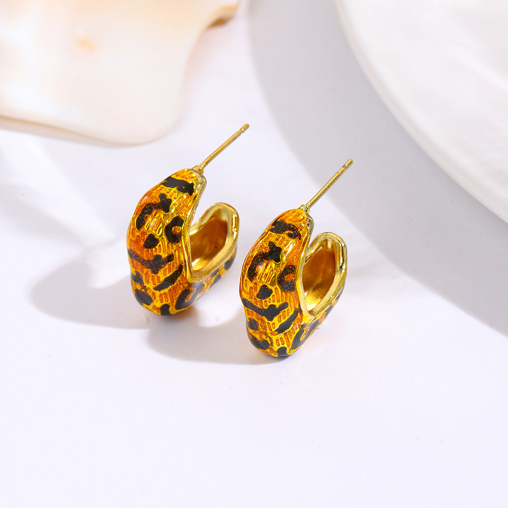 Wholesale  Retro Oil Dripping Geometric C-Shaped Leopard Print Earrings