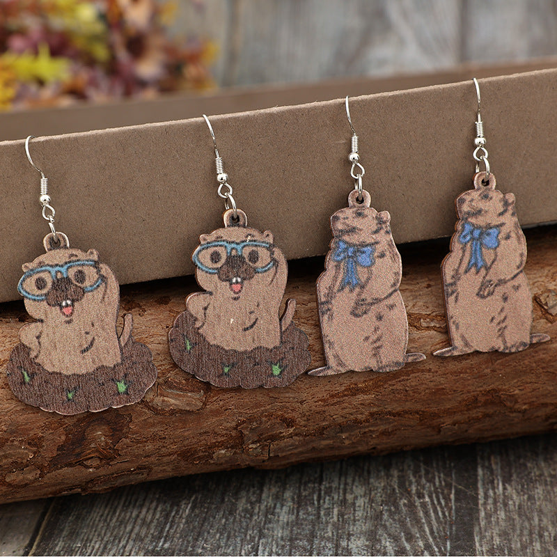 Wholesale Retro Cute Glasses Groundhog Bow Wooden Creative Earrings