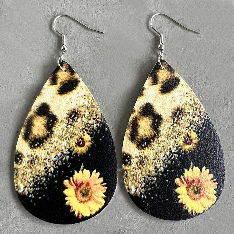 Wholesale 2 Pairs/Pack Christmas Vintage Western Style Leopard Print Sunflower Cactus Drop Shape Leather Earrings ACC-ES-HY104