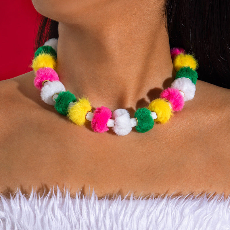 Wholesale  color beaded clavicle chain  fur ball beaded Christmas series necklace