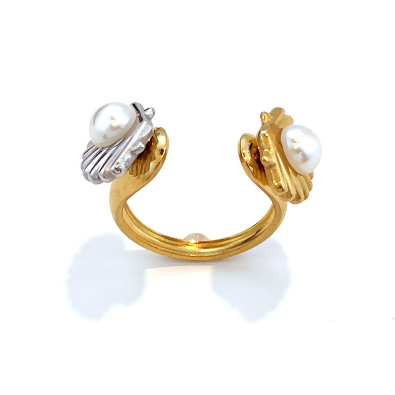 Wholesale Stainless steel starfish shell ring with pearl setting and open design