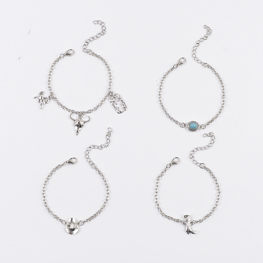 Wholesale Zinc Alloy Antique Silver Cowboy Bracelet Set With Hat Bull Head Boots Charms Vintage Fashion Jewelry Accessory Gift