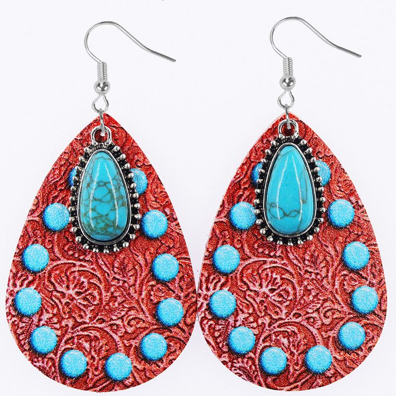 Wholesale Western Denim style Aztec wind drop-shaped leather earrings