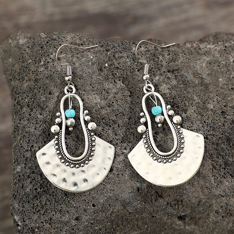 Wholesale Retro Hollow Blue Beaded Fan-Shaped Alloy Earrings Trendy Jewelry Accessory