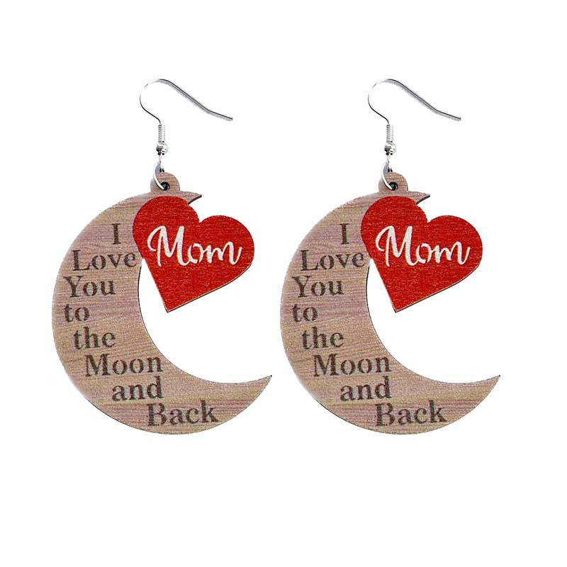 Wholesale 2 Pairs/pack Mother's Day Drop Shape Heart Best MuM Wooden Earrings ACC-ES-HY034