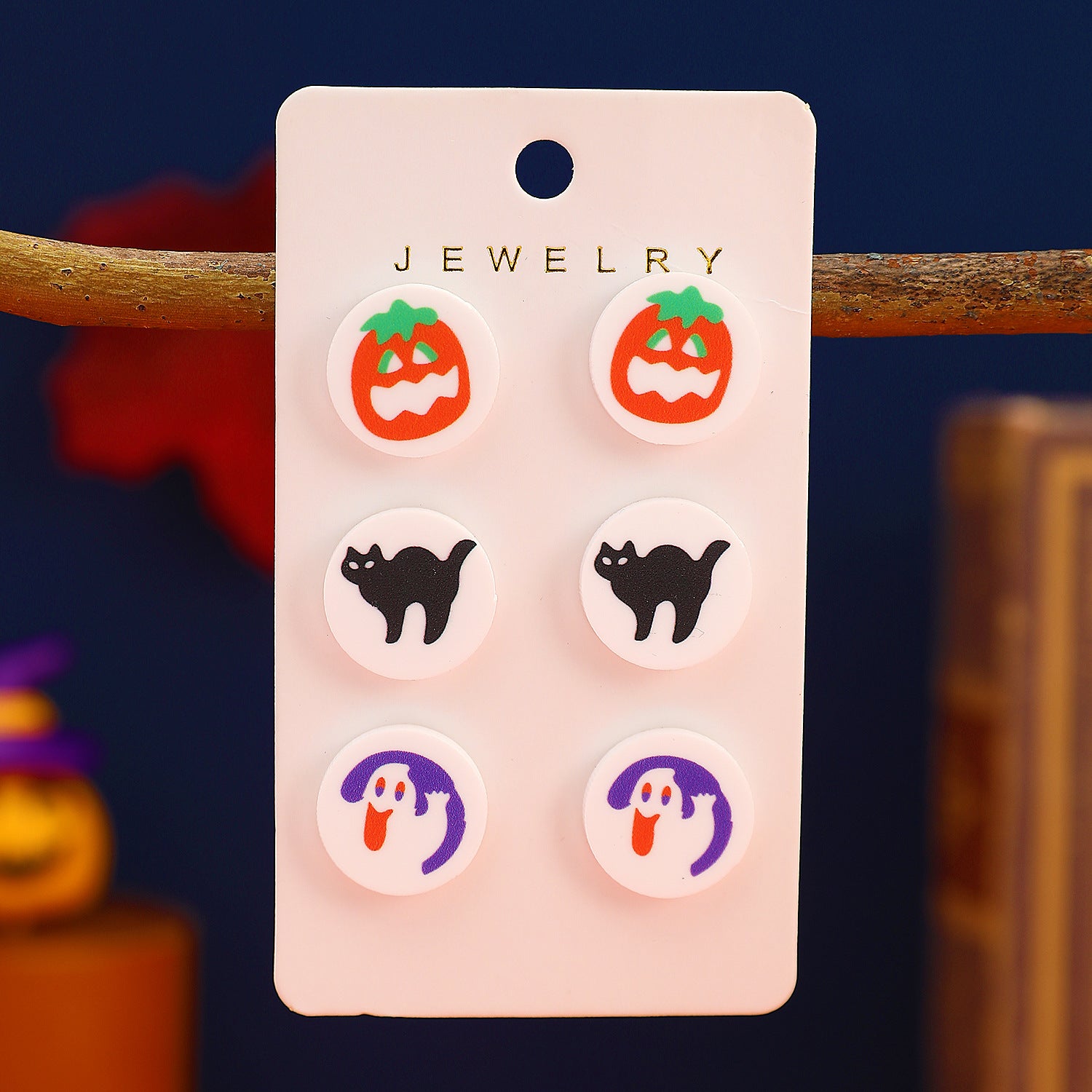 Wholesale Acrylic  Earrings - 3 Pair Set of Witch Hat and Ghost Stud Earrings for Party Wear Boutique Resale