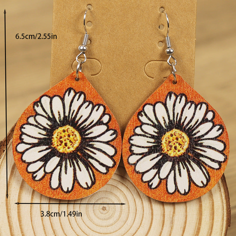 Wholesale Western Distressed Style Sunflower Daisy Print Water Drop Rhombus Geometric Wooden Earrings