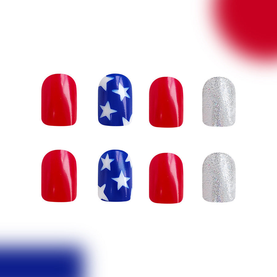 Wholesale 24 Pieces/box American Independence Day Glitter Powder Five-pointed Star Manicure Press-on Nails Kits Nail Stickers ACC-NS-GuaiXL033