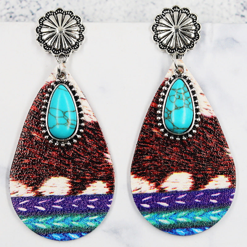 Wholesale Drop-shaped Leather Turquoise Pendant Retro Ethnic Style Western Bohemian Earrings ACC-ES-Mijun006