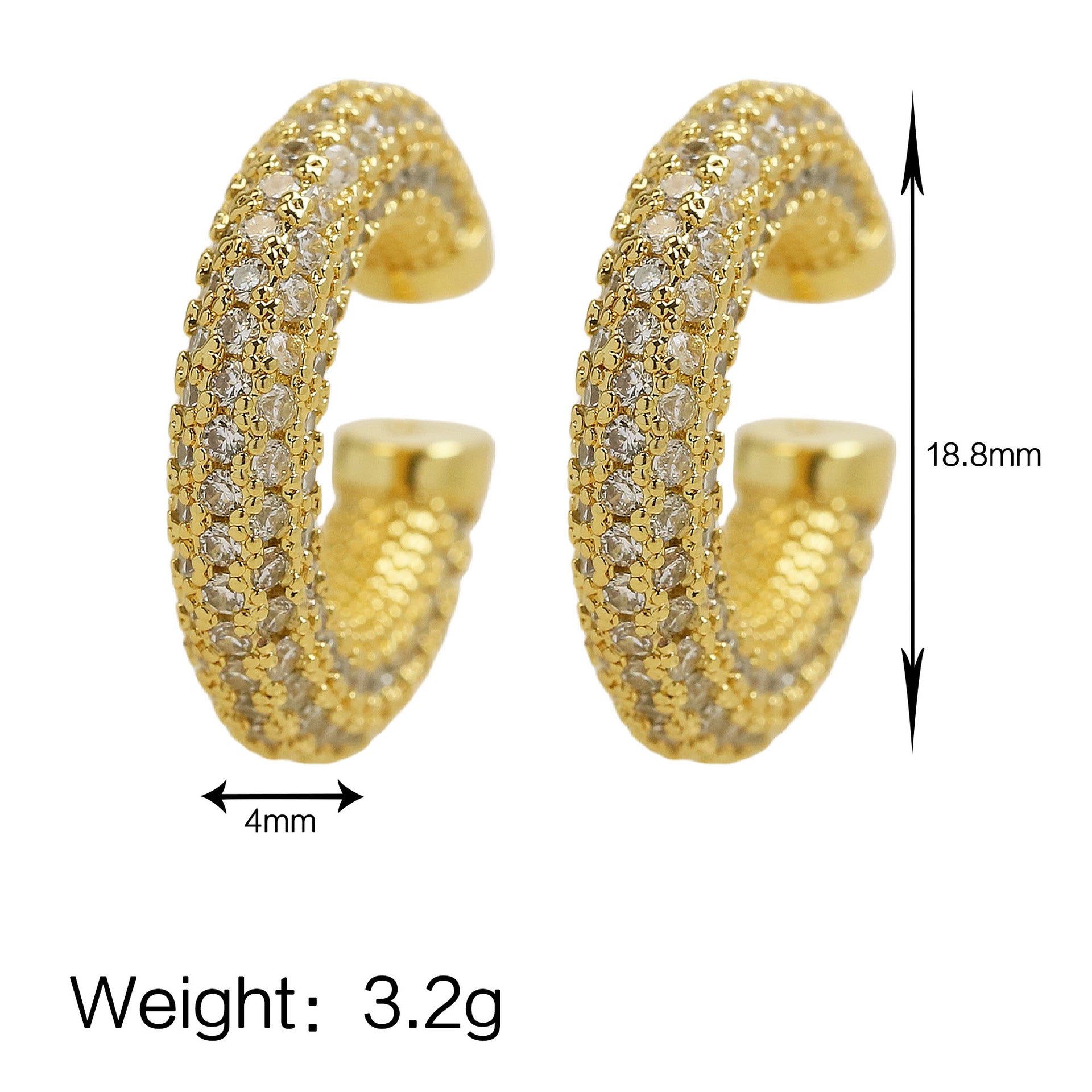 Wholesale  Classic 18k Gold Brass Zircon C Shape Semi-round Ear Clip Ear Clip  Earrings