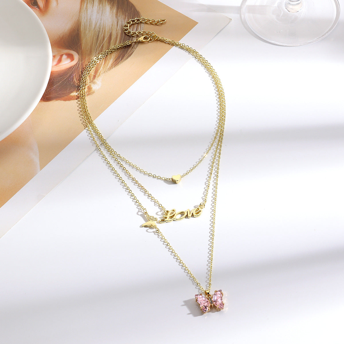 Wholesale Light Luxury Blue Crystal Butterfly Pendant  Necklace