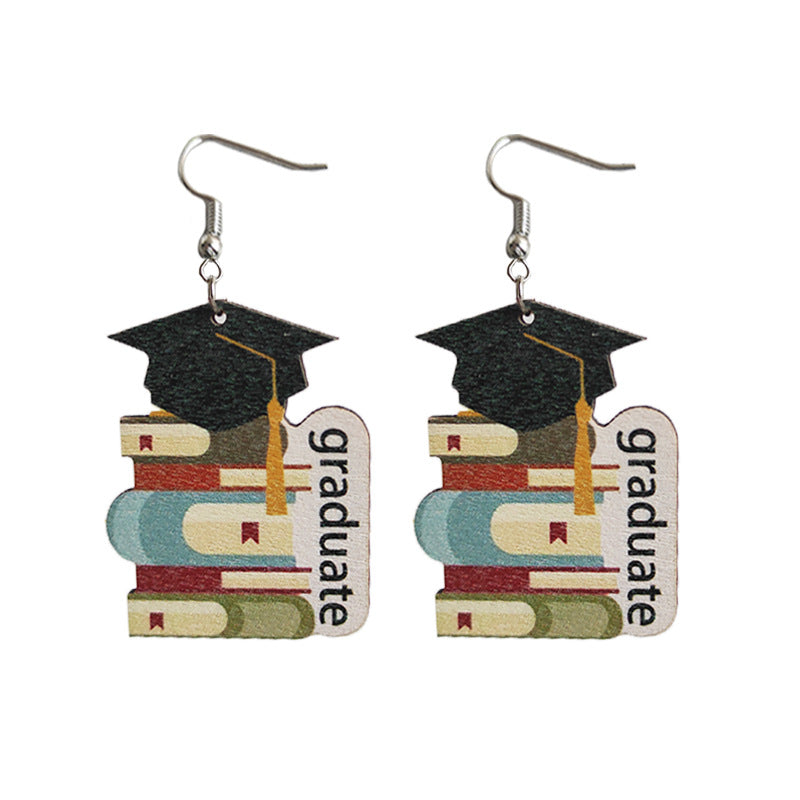 Wholesale Graduation Book and Cap Wooden Earrings Cute Student Gift Jewelry Accessory