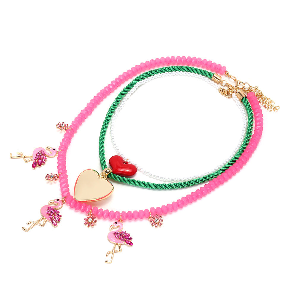 Wholesale Summer Light Luxury Style Oil Dripping Flamingo Heart Pendant Necklace