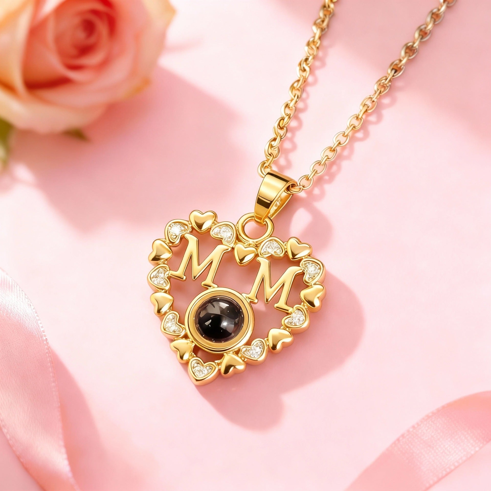 Wholesale Light Luxury Heart Shaped Projection Necklace,  100 Languages I Love You Pendant,  Real Gold Plated Titanium Steel,  Jewelry Accessory Gift for Women