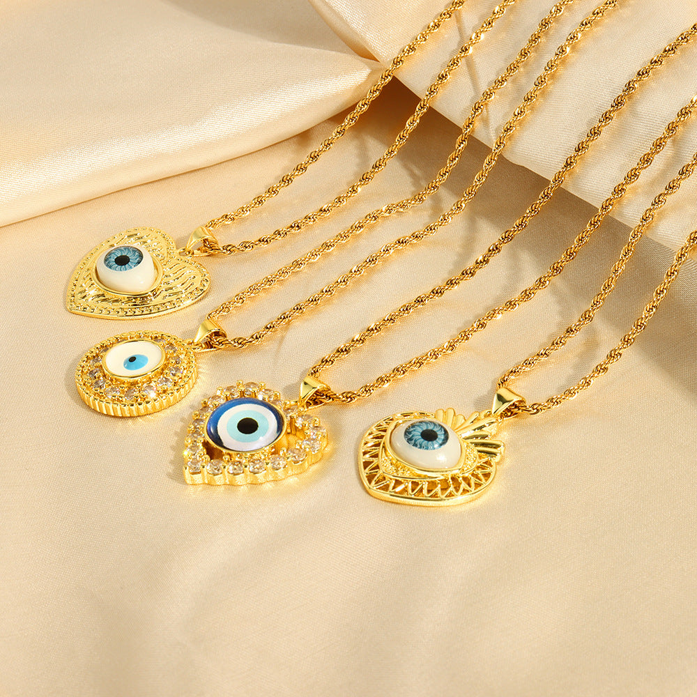 Wholesale Vintage Evil Eye Titanium Steel Gold Plated Diamond Hollow Pendant Necklace ACC-NE-MiLi006
