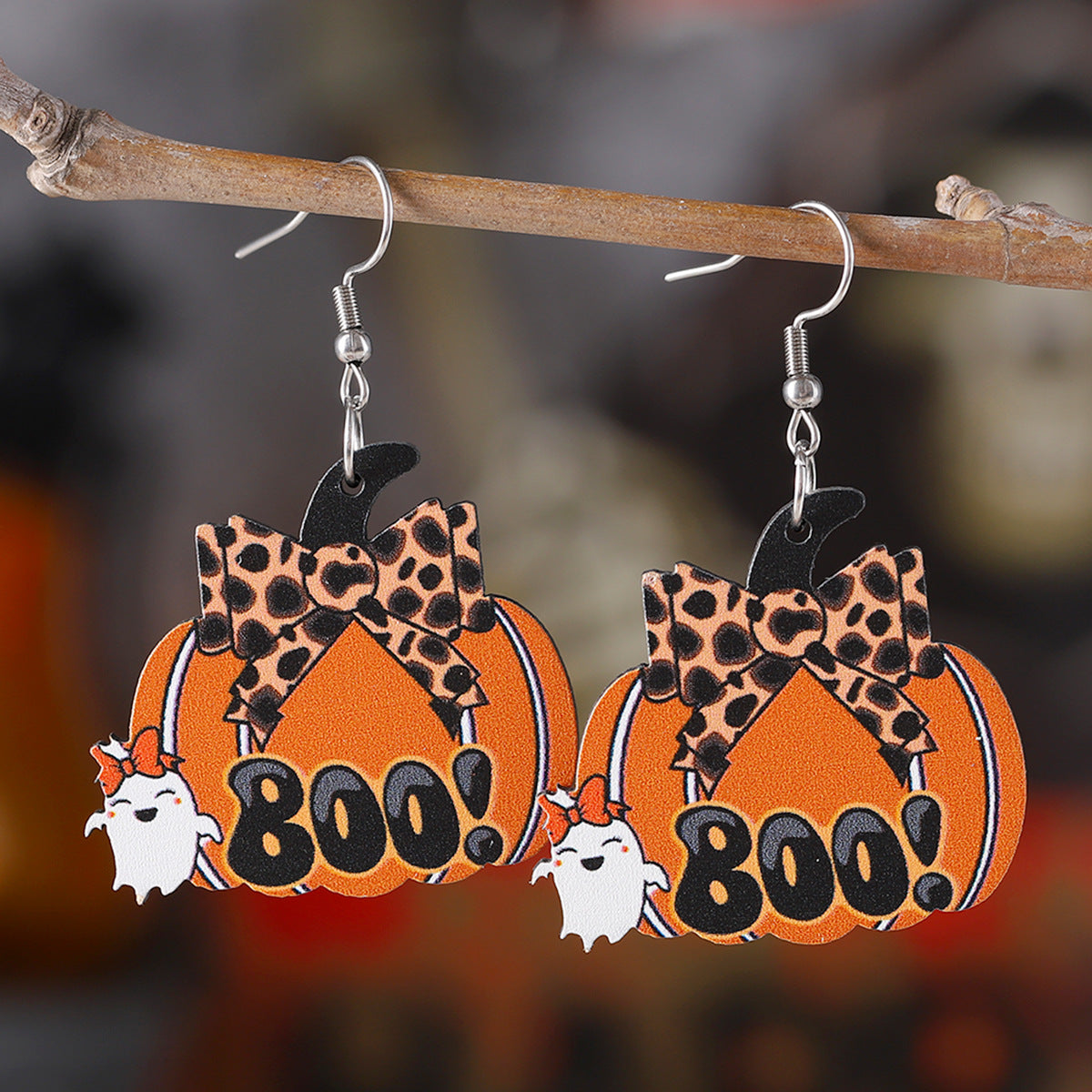 Wholesale Halloween Western Style Ghost Face Pumpkin Pendant Earrings Wood Earrings Goth Theme Double-sided Earrings ACC-ES-ChuLian034