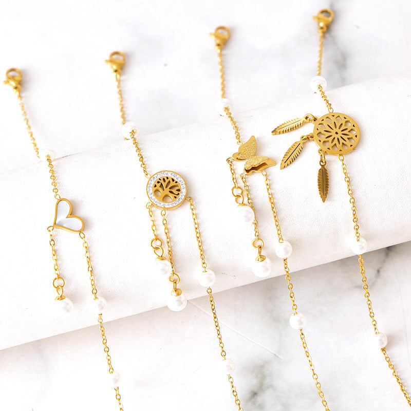 Wholesale Pearl Chain Butterfly Tassel Anklets ACC-AS-JinLang002