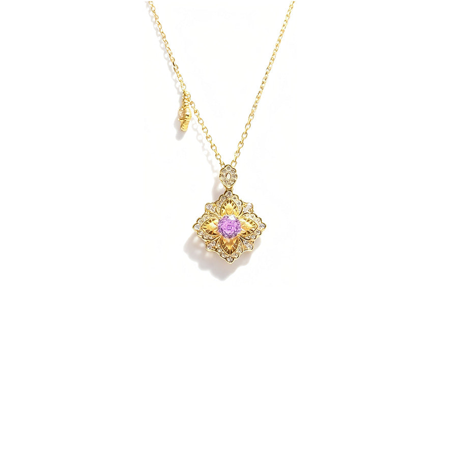 Wholesale Titanium Steel Brushed Four Leaf Clover Purple Crystal Pendant Necklace,  Fashion Jewelry Accessory for Women Gift