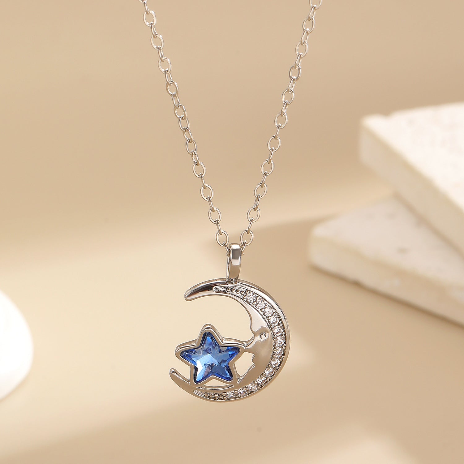 Wholesale Zircon Star and Moon Pendant Necklace