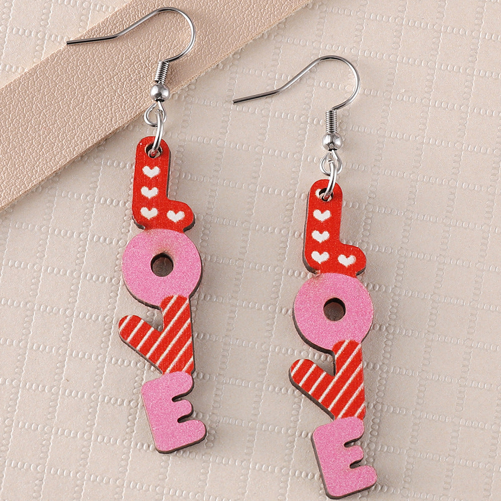 Wholesale Wooden Valentine' s Day Striped LOVE Pendant Earrings