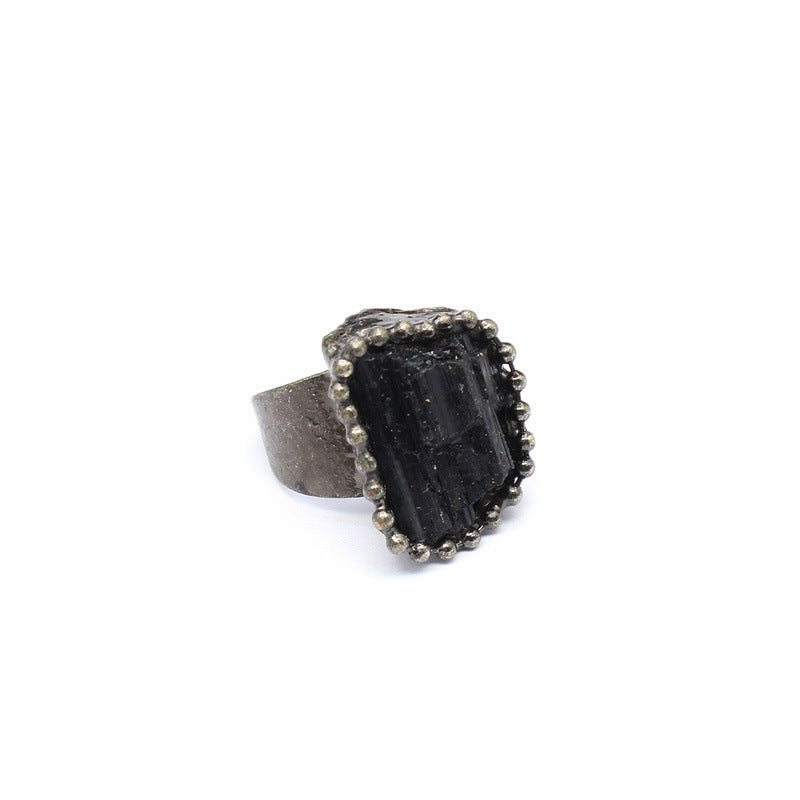 Wholesale personality raw ore agate ring  black tourmaline open ring