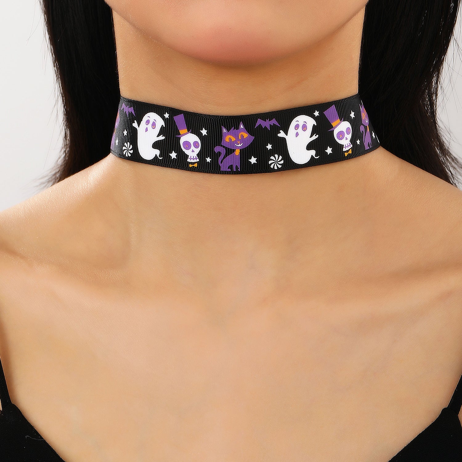 Wholesale Cute Cartoon Ghost Black Cat Skeleton Print Cloth Necklace  Fashion Accessory