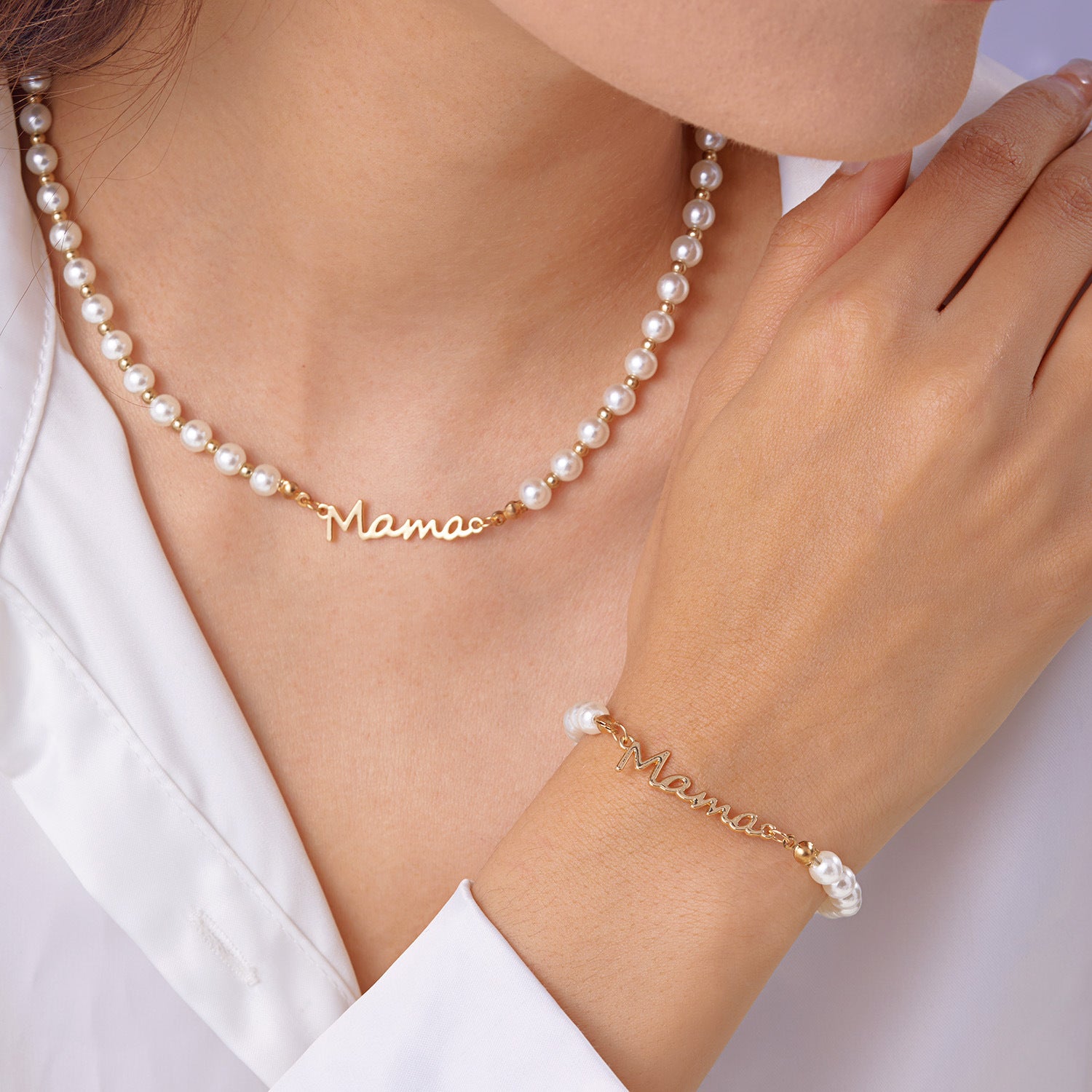 Wholesale Mother's Day Letters Mama Pearl Necklace Bracelet suit