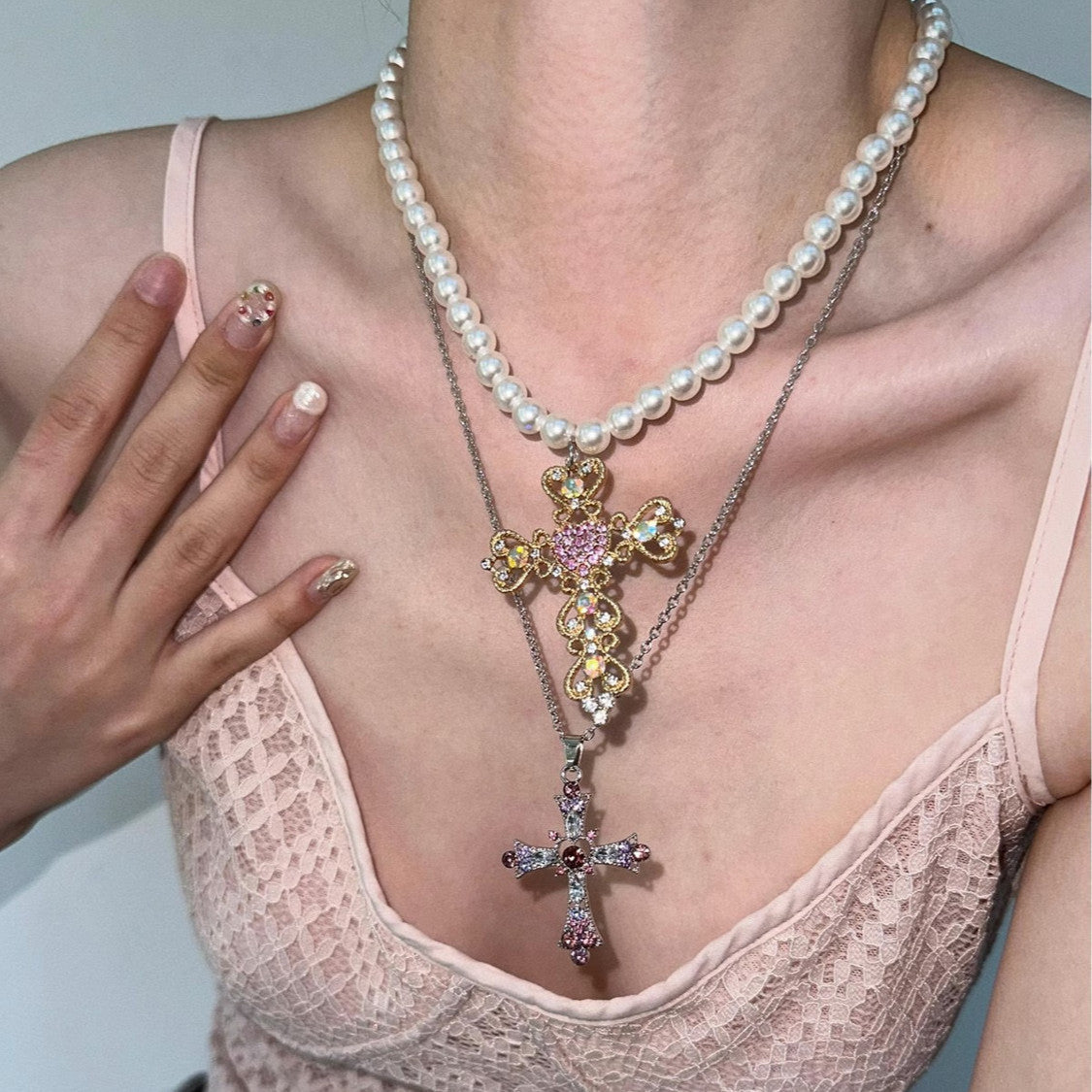 Wholesale  Cross Necklace  Colorful Diamonds and Pearls Necklaces