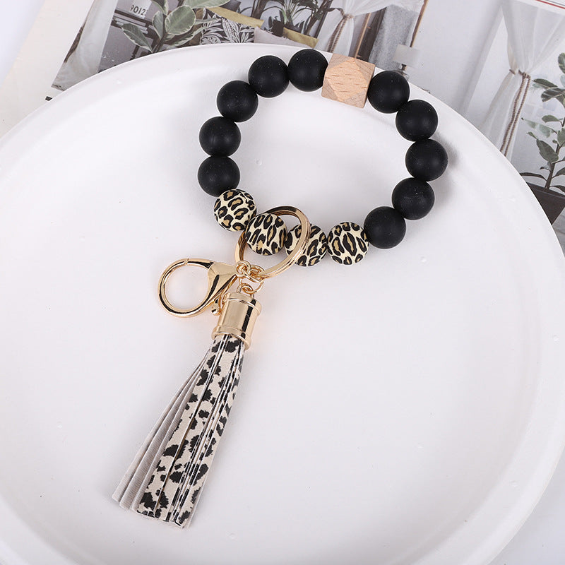 Wholesale Trendy Silicone Bead Bracelet With Tassel Wooden Bead Keychain Natural Geometry Style Chic Jewelry Accessory Gift