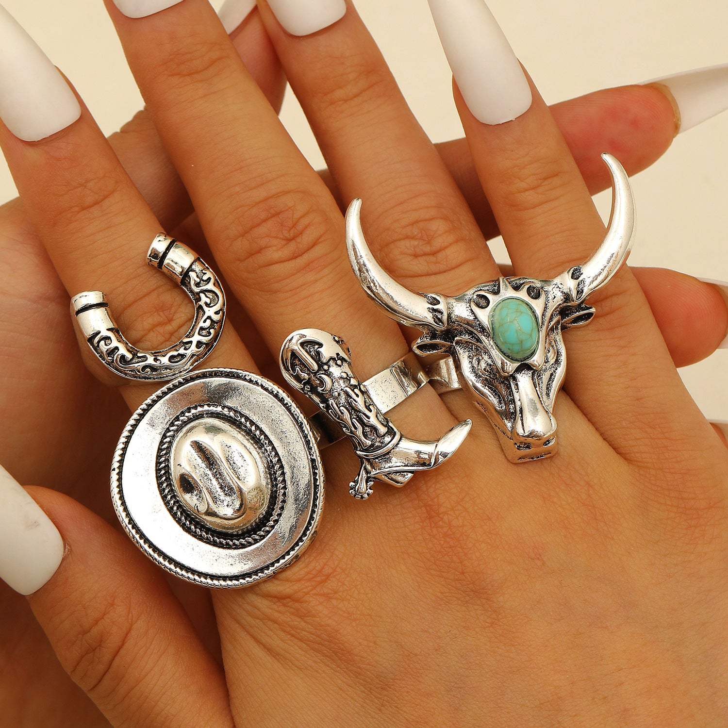 Wholesale Retro Western Cowboy Zinc Alloy 3 Piece Ring Set Antique Gold Boot Hat Bull Head Horseshoe Motif Punk Jewelry Accessory Gift