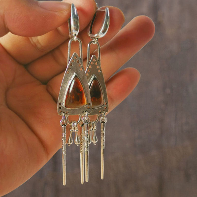 Wholesale Retro Tribal Geometric Amber Triangle Tassel Earrings - Silver Alloy Jewelry,  Party Wear Fashion Accessory
