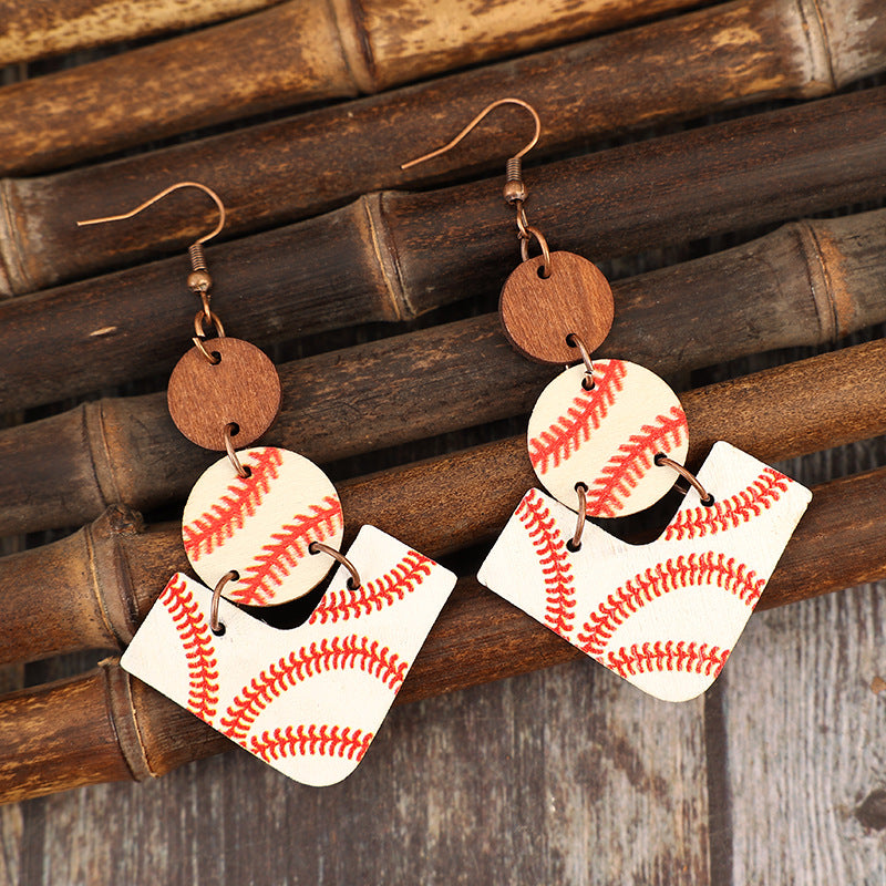 Wholesale Sports style geometric patchwork print baseball wooden earrings