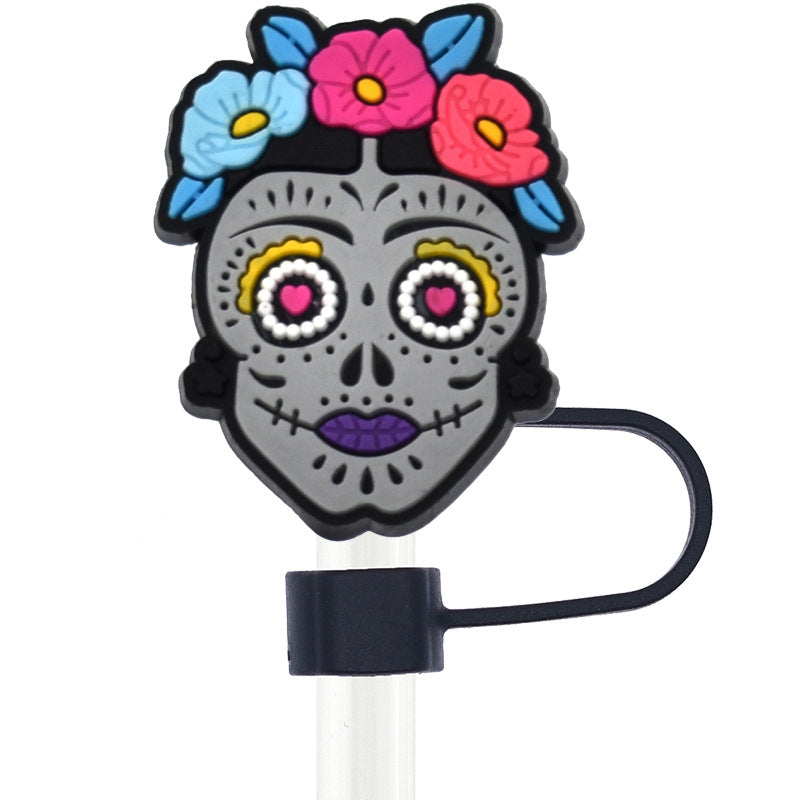 Wholesale Random 100pcs Day of the Dead Skull 10mm PVC Soft Straw Tube Cap ACC-SCR-RYY099