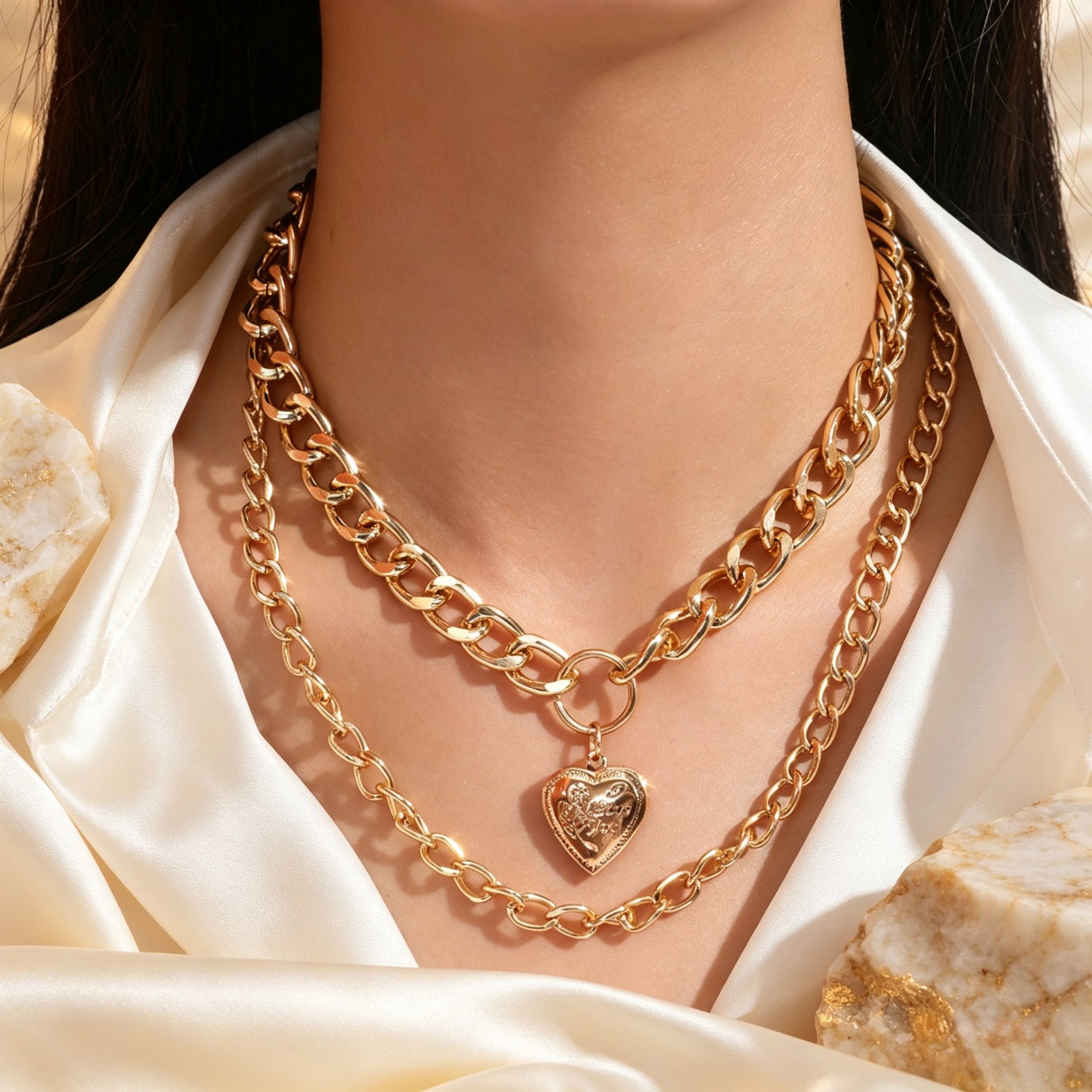 Wholesale Two Tone Metal Double Chain Necklace Heart Pendant Chic Layering Fashion Accessory Boutique Resale