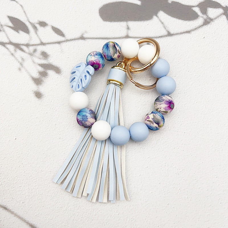 Wholesale Leaf Silicone Printed Silicone Beaded Tassel Keychain ACC-KC-JiuYa019