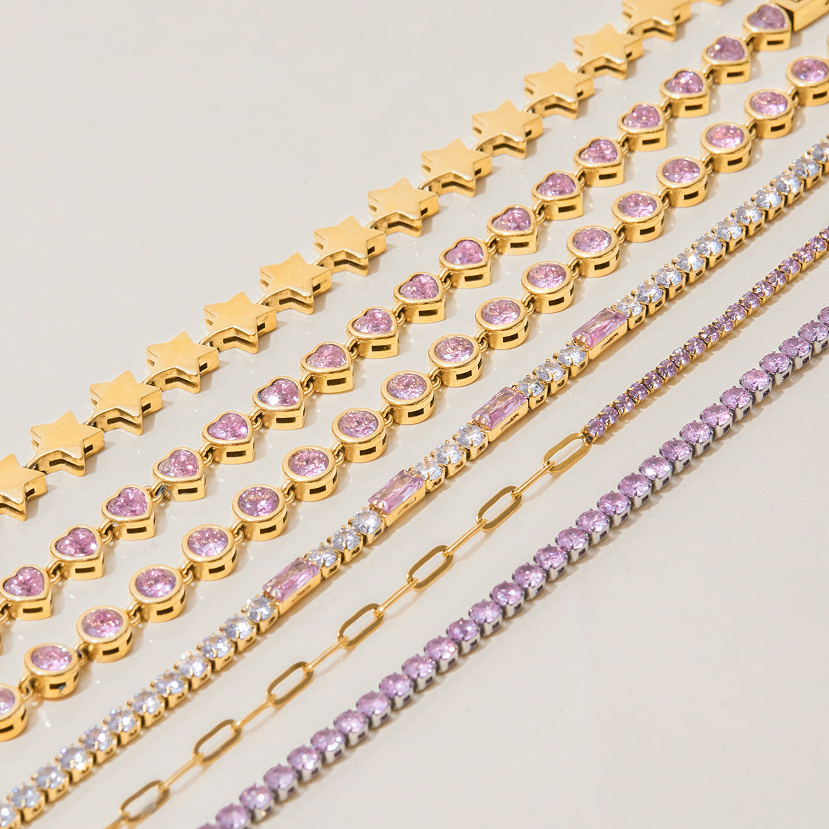 Wholesale  18K Gold Stainless Steel Round Pink Zircon Jewelry Buckle Tennis Chain Bracelet