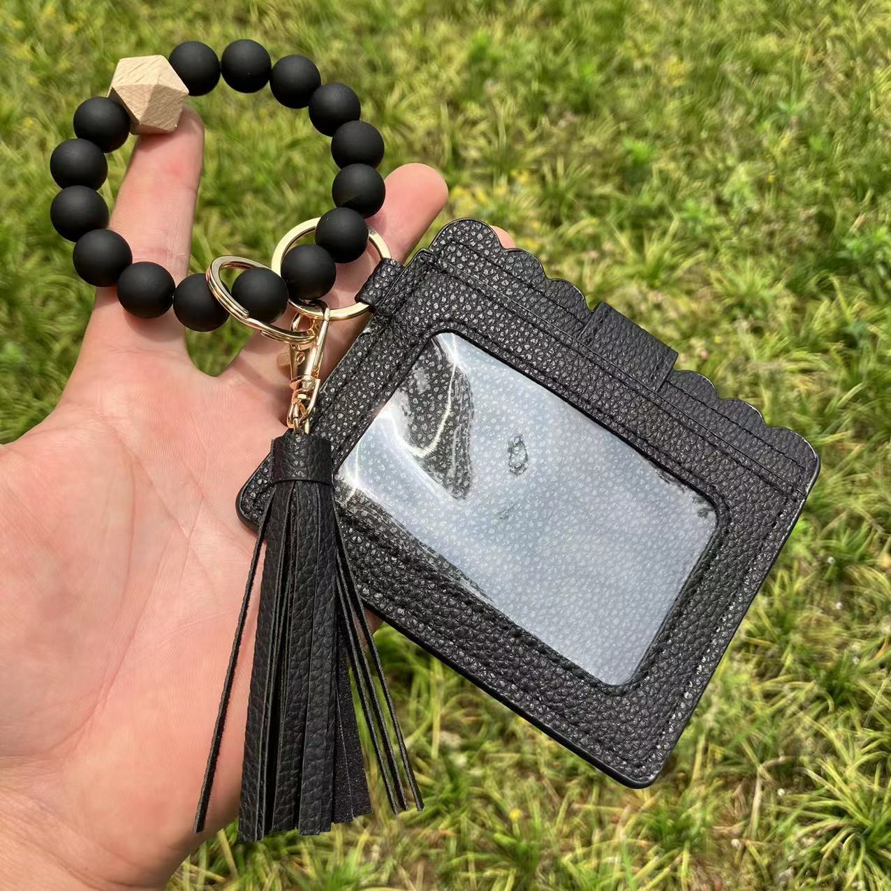 Wholesale Leopard Plaid Western Style Card Holder Silicone Beaded Wristlet Keychain ACC-KC-QiuXue011