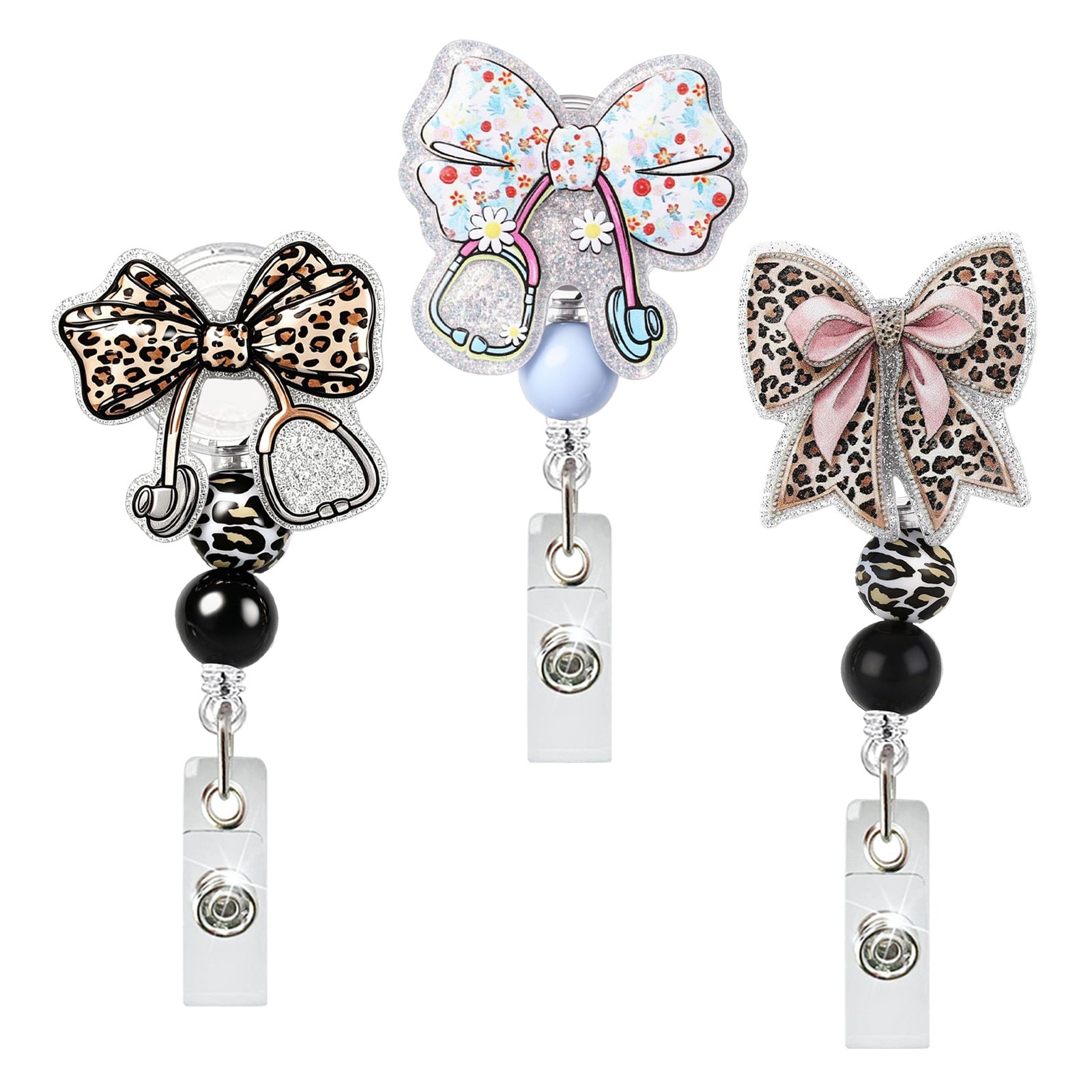 Wholesale Acrylic Beaded Leopard Print Bowknot Retractable Badge Holder - Fashion Accessory for Resale