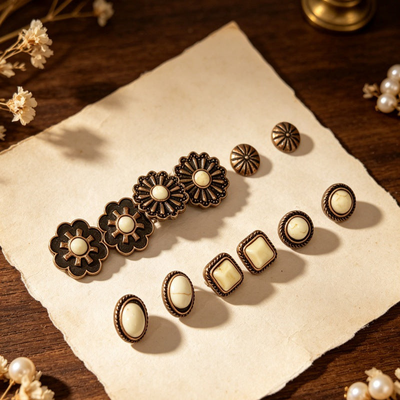 Wholesale Vintage Turquoise Earrings Set Antique Copper Flower Design 6 Pcs Fashion Accessory For Resale
