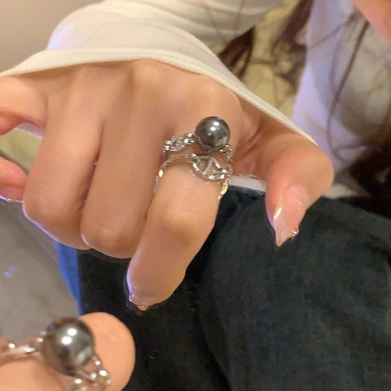 Wholesale Stylish Women S Gray Pearl Ring Geometric Adjustable Jewelry Accessory Gift