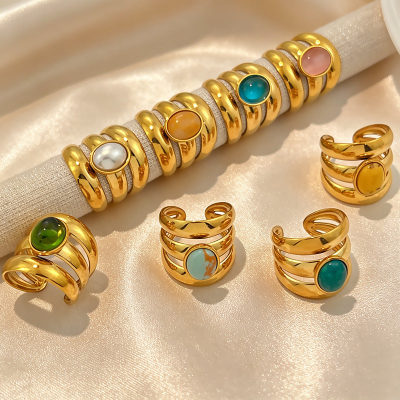 Wholesale Stainless Steel Open Ring Blue Green Gradient Natural Stone Jewelry Accessory
